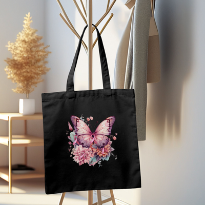 a black tote bag with a pink butterfly on it