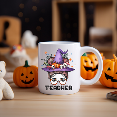 a white coffee mug with a witch on it