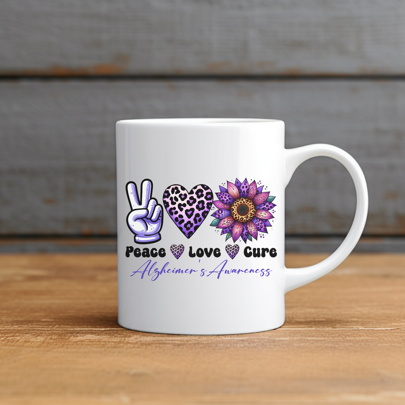 a white coffee mug with peace love and care written on it