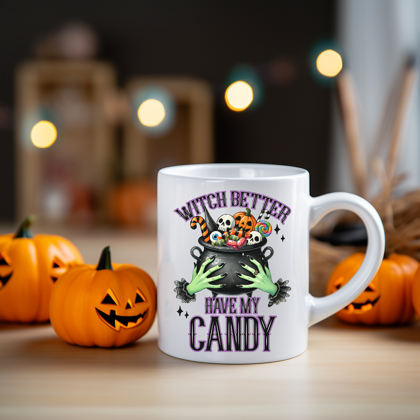 a white coffee mug with witch better have my candy on it