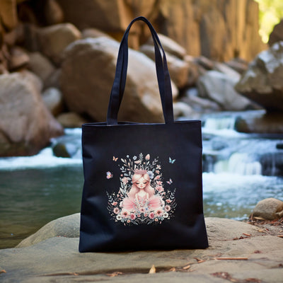 a black tote bag with a picture of a baby bear on it