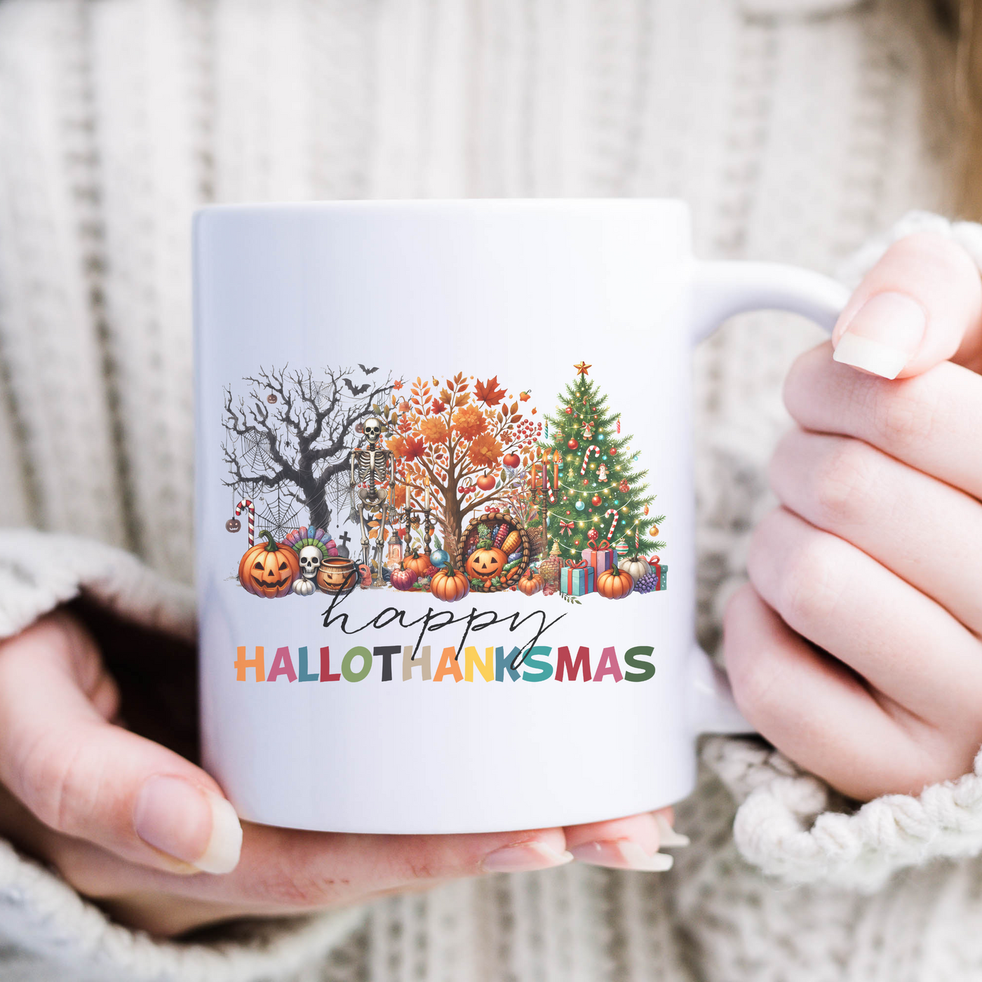 a woman holding a white coffee mug with a happy halloween scene on it