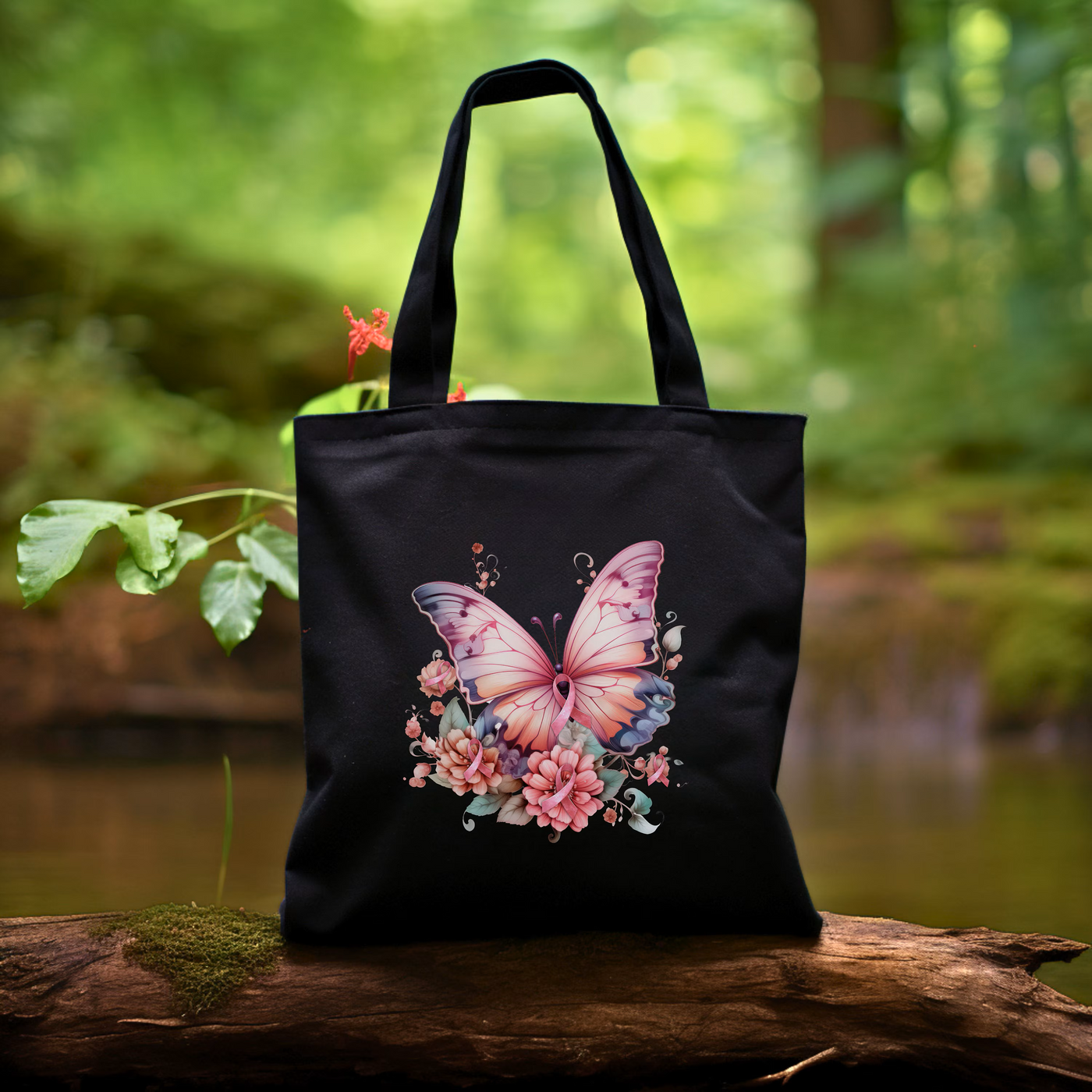 a black bag with a pink butterfly on it