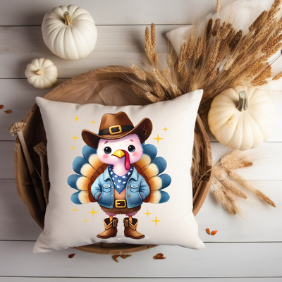 a pillow with a picture of a turkey wearing a cowboy hat