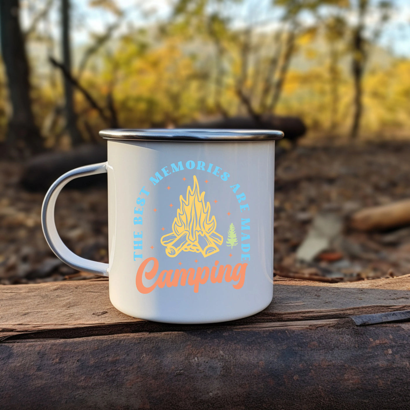 a campfire mug sitting on top of a piece of wood