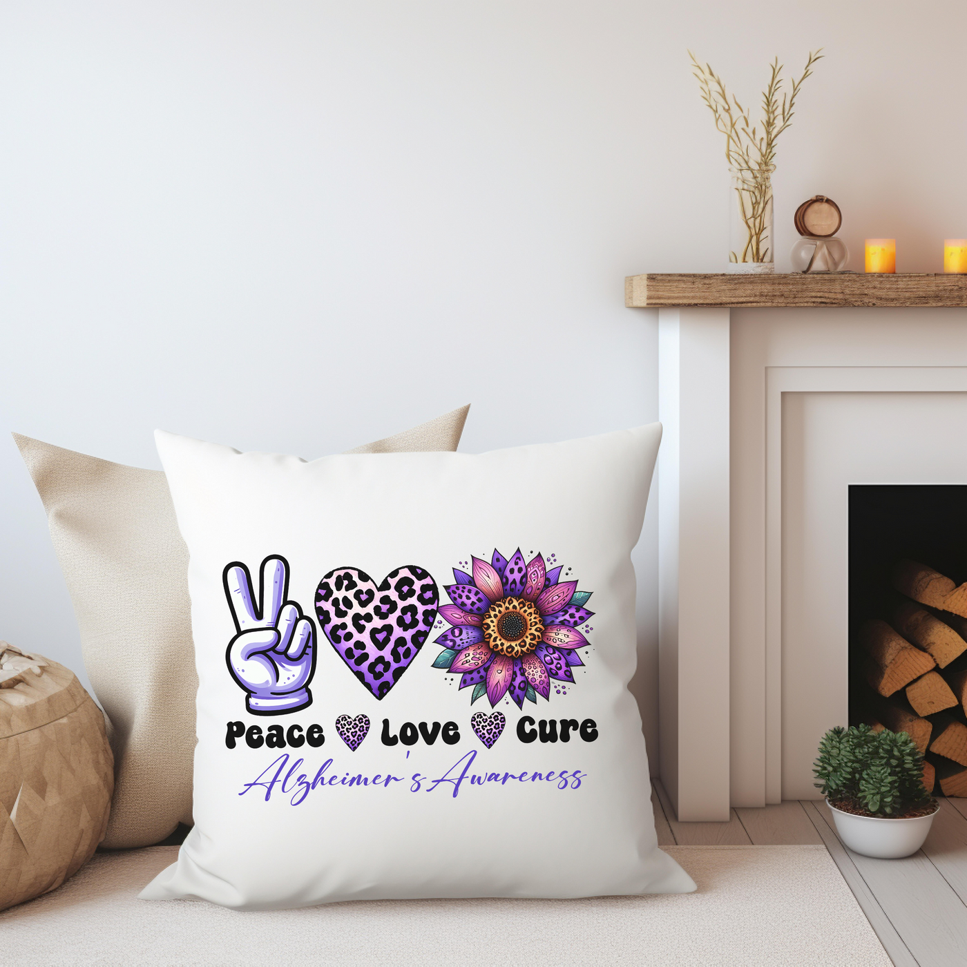 a white pillow with peace love and a sunflower on it