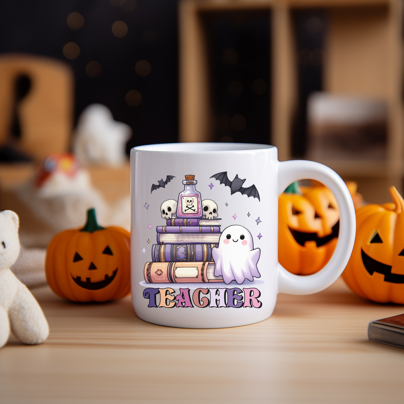 a white coffee mug with a ghost on it