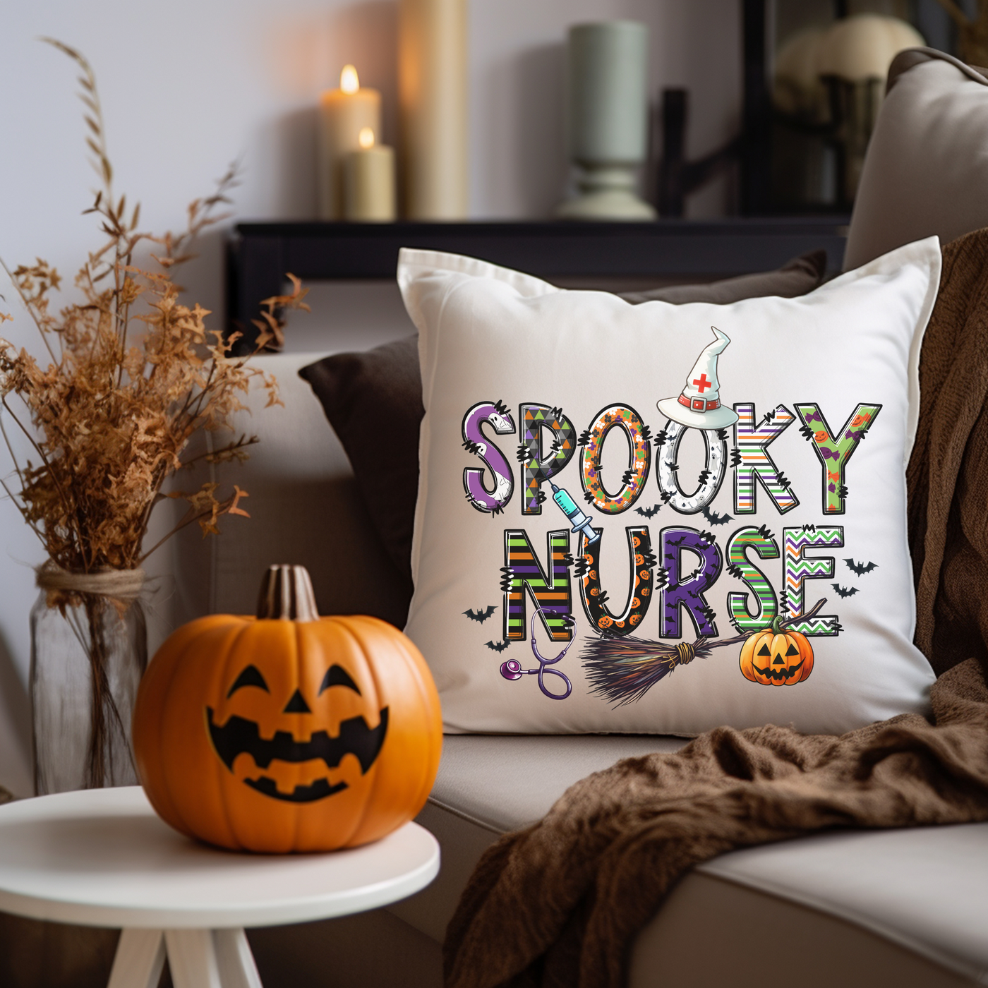 a pillow that says spooky nurse next to a pumpkin