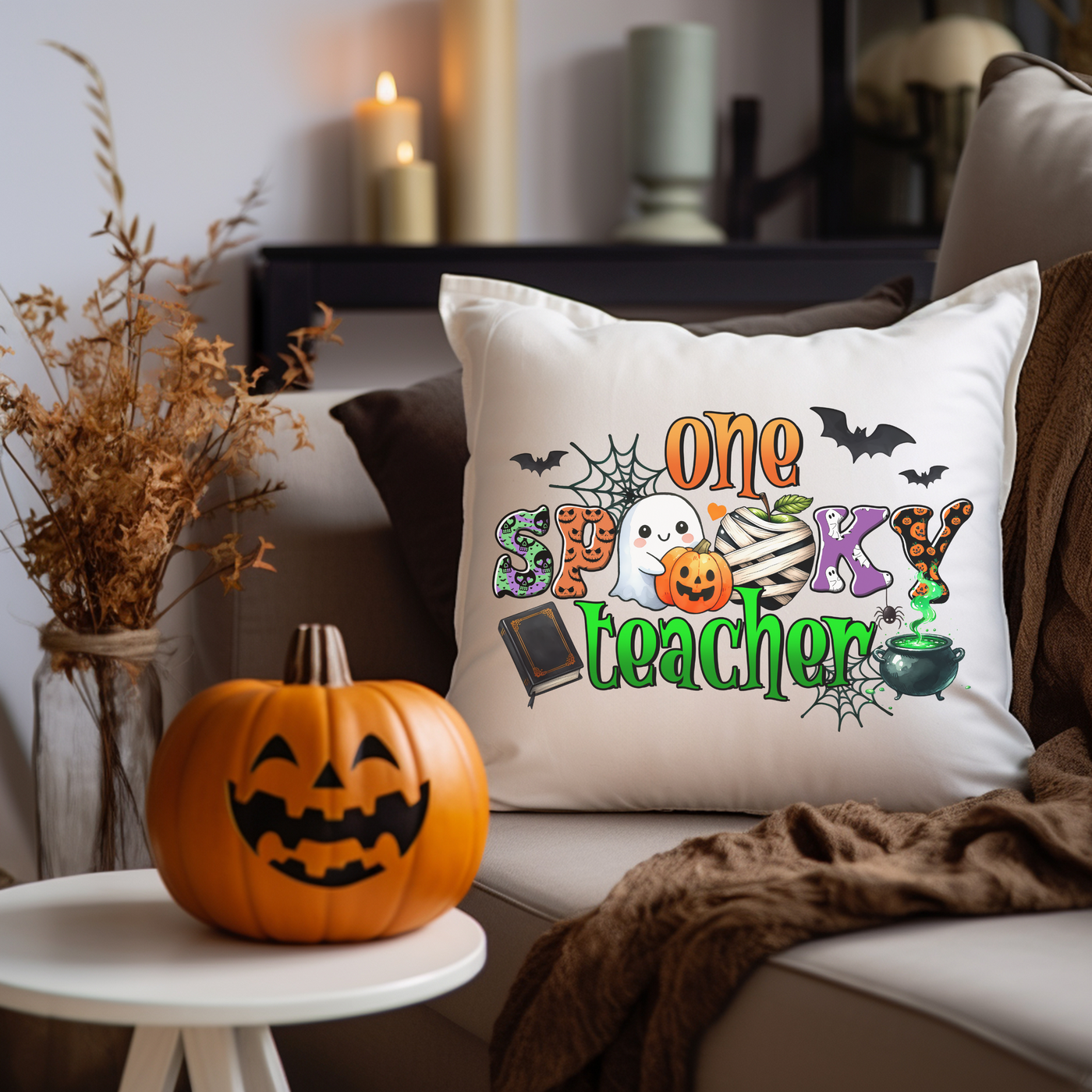 a pumpkin sitting on a couch next to a pillow