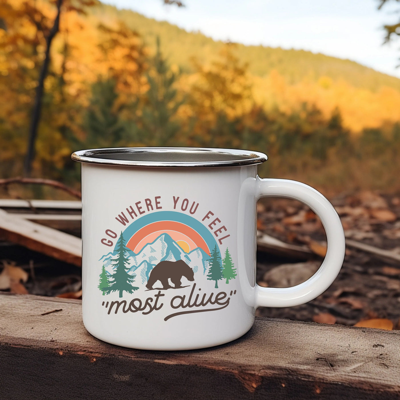 a white coffee mug sitting on top of a wooden table