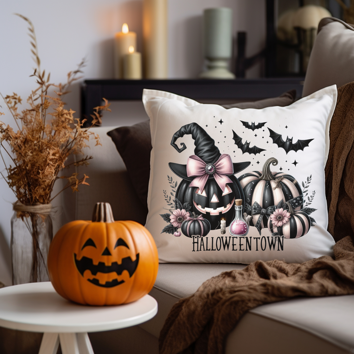 a white pillow with a halloween design on it