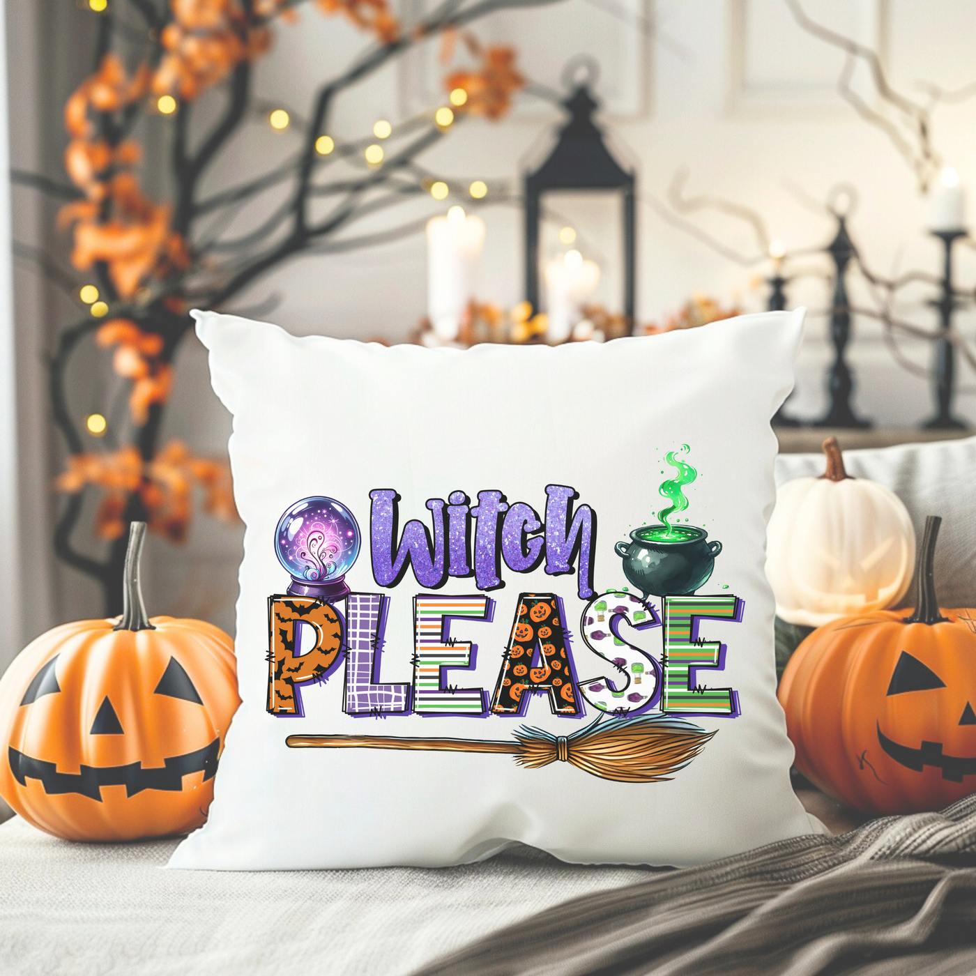 a pillow that says witch please on it