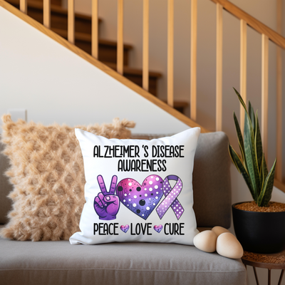 a pillow that says, alzemed is disease awareness peace love cure