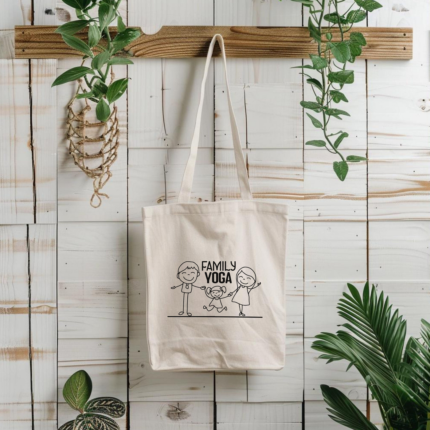 a tote bag hanging on a wall next to a potted plant