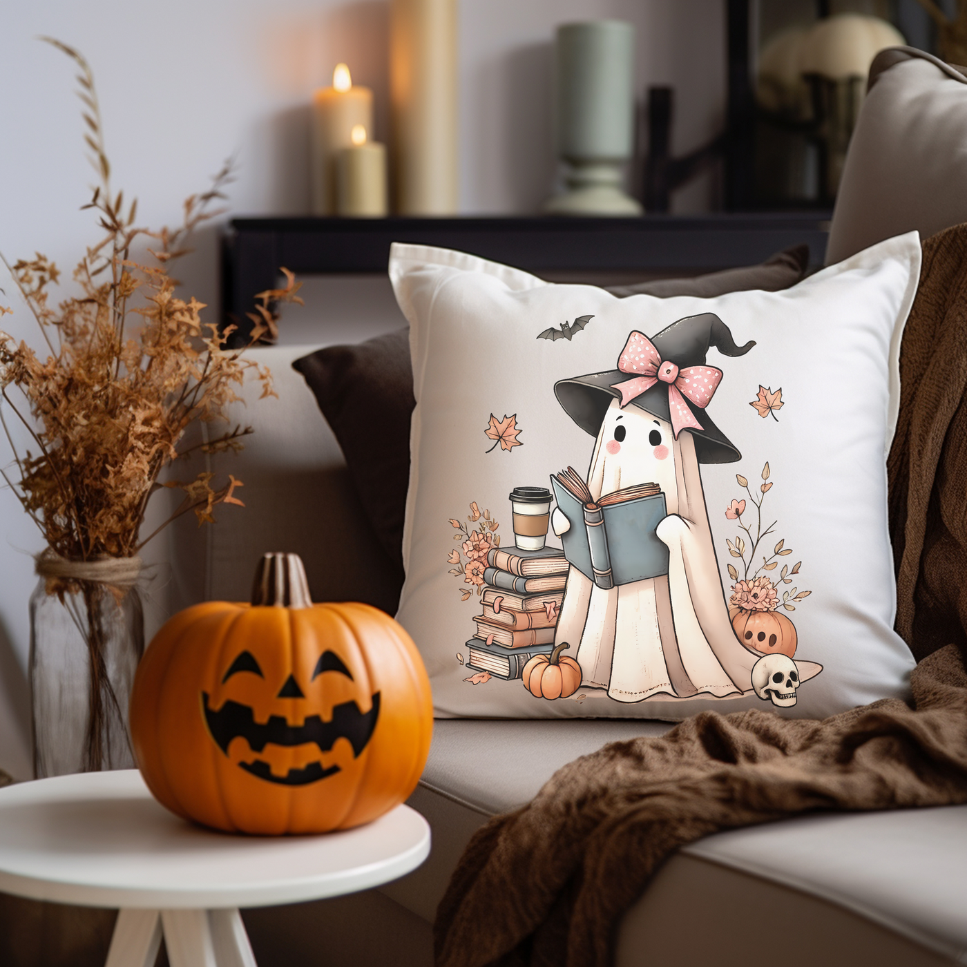 a couch with a pumpkin and a pillow on it