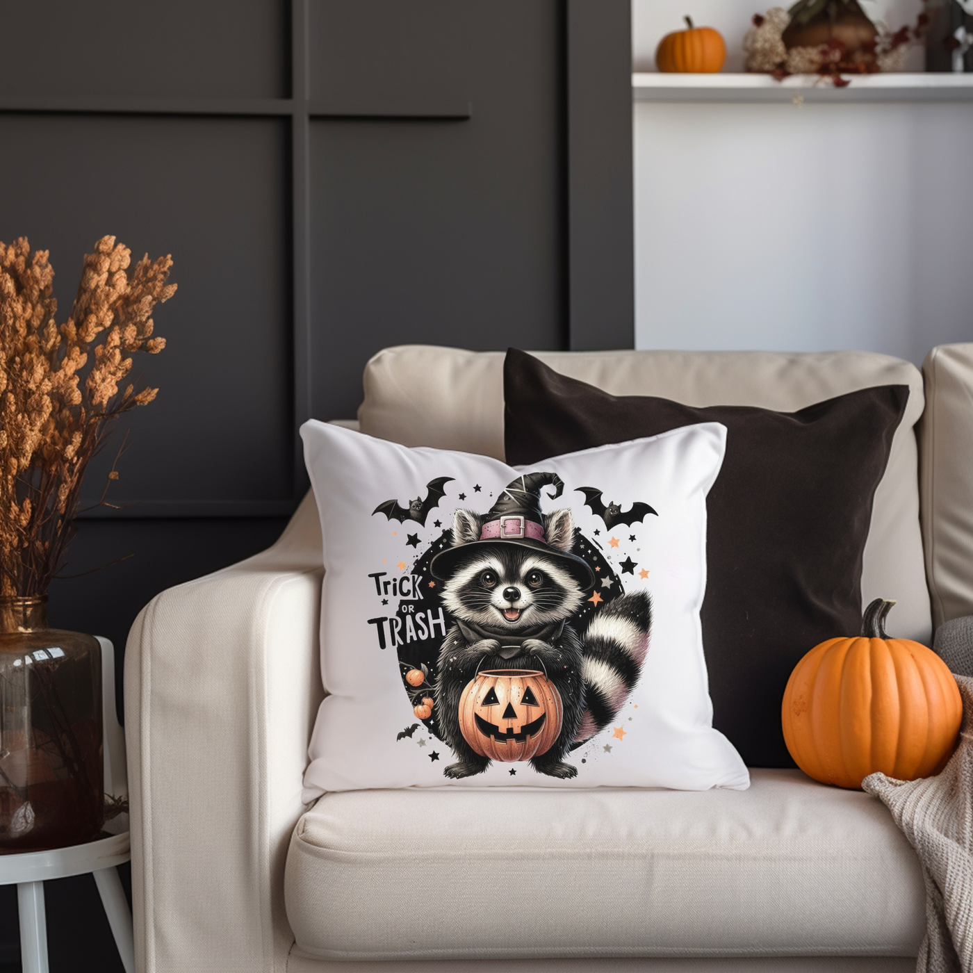 a raccoon wearing a witch hat and holding a pumpkin