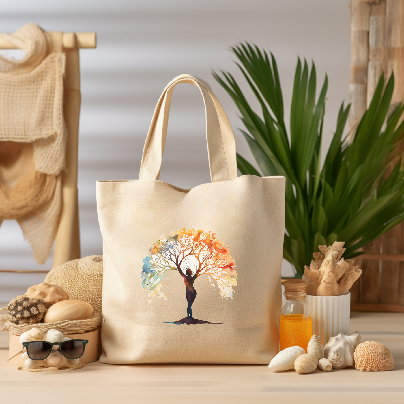 a bag with a tree on it sitting on a table