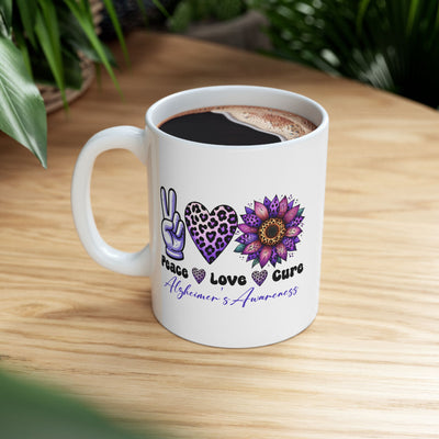 Peace Love and Cure Alzheimer's Awareness Ceramic Mug - Perfect for Gifts and Support - Pillow & Mug Co.