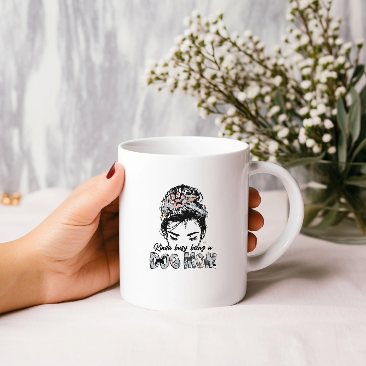 a woman holding a white coffee mug with a picture of a woman's face