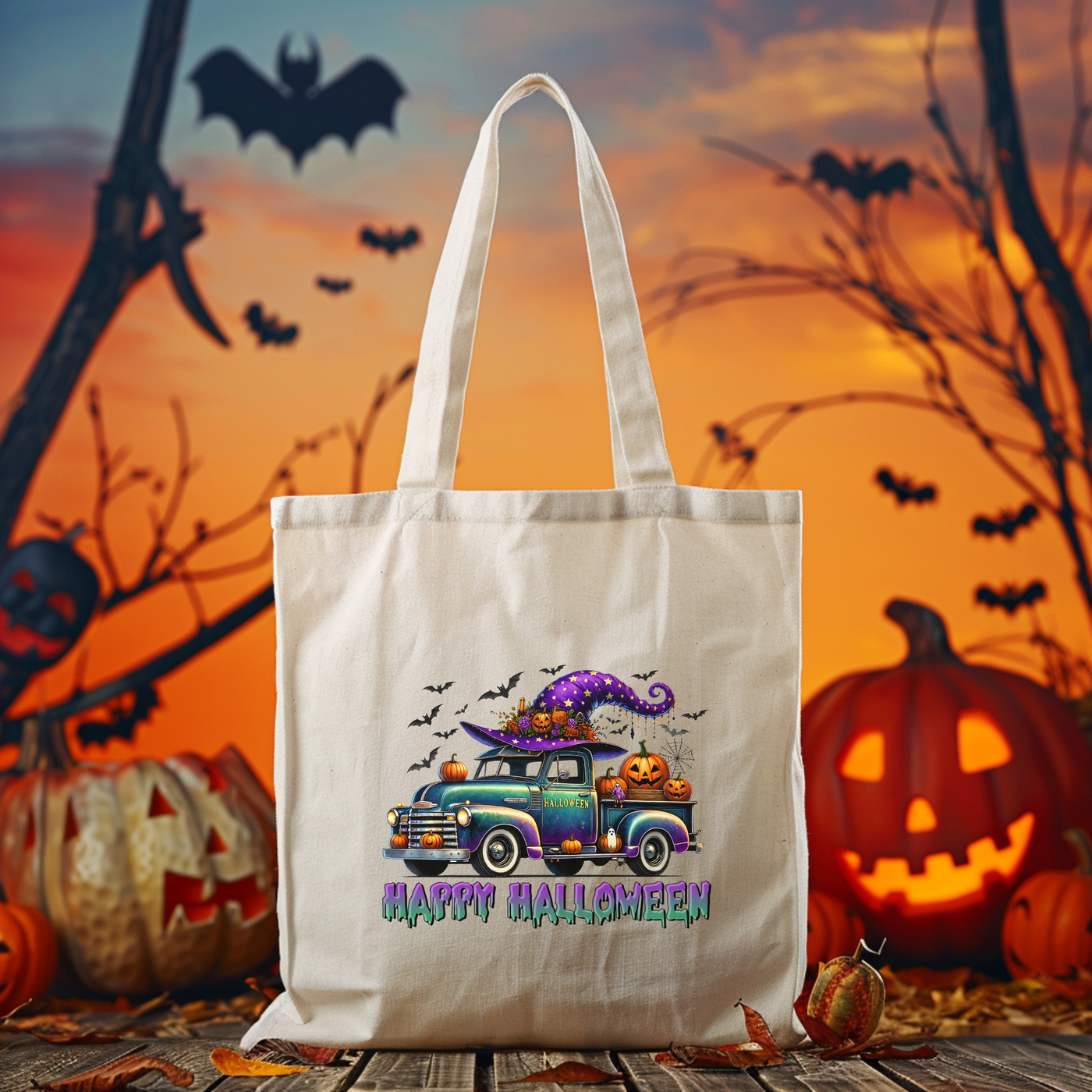 a trick or treat bag with a truck and pumpkins in the background