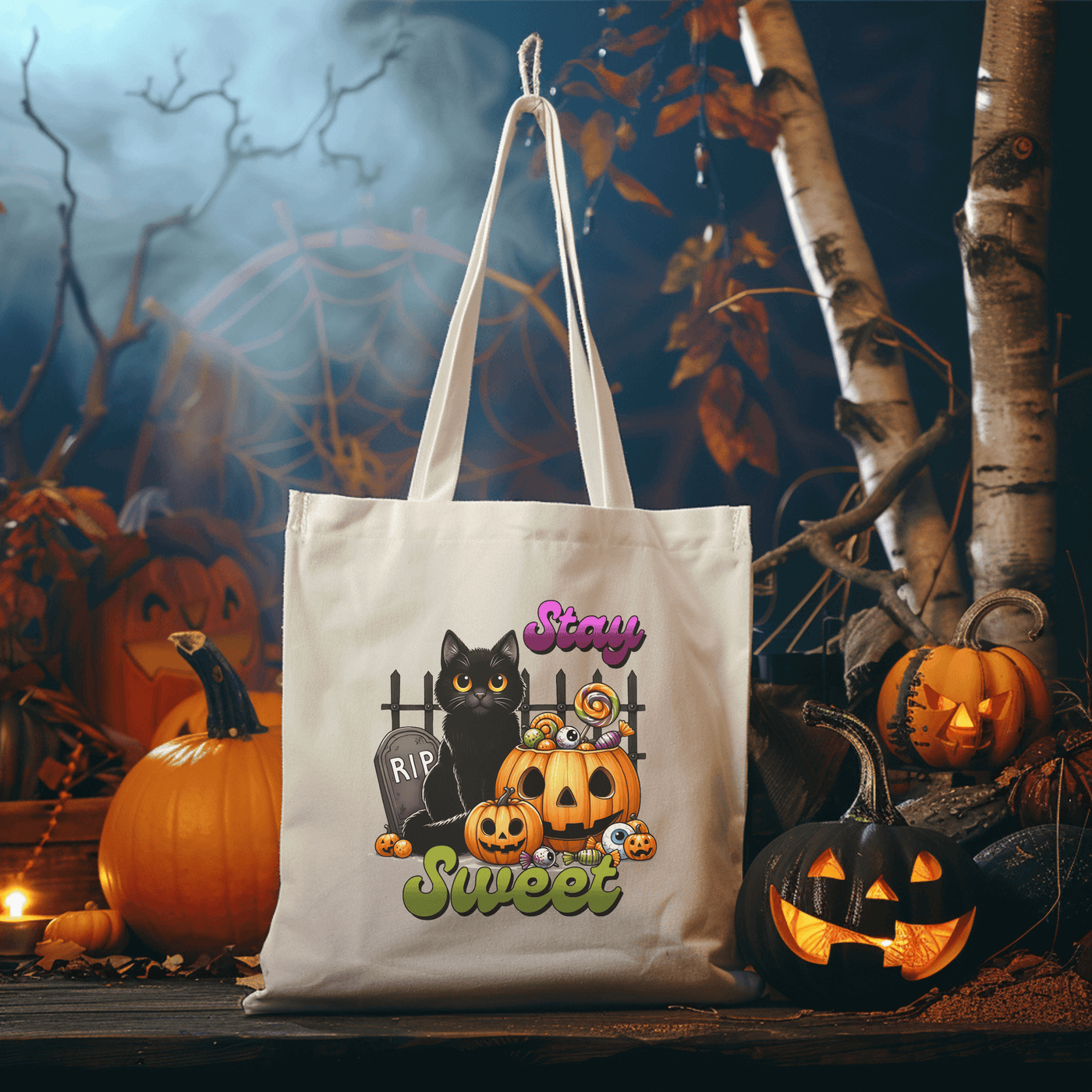 a white bag with a black cat and pumpkins