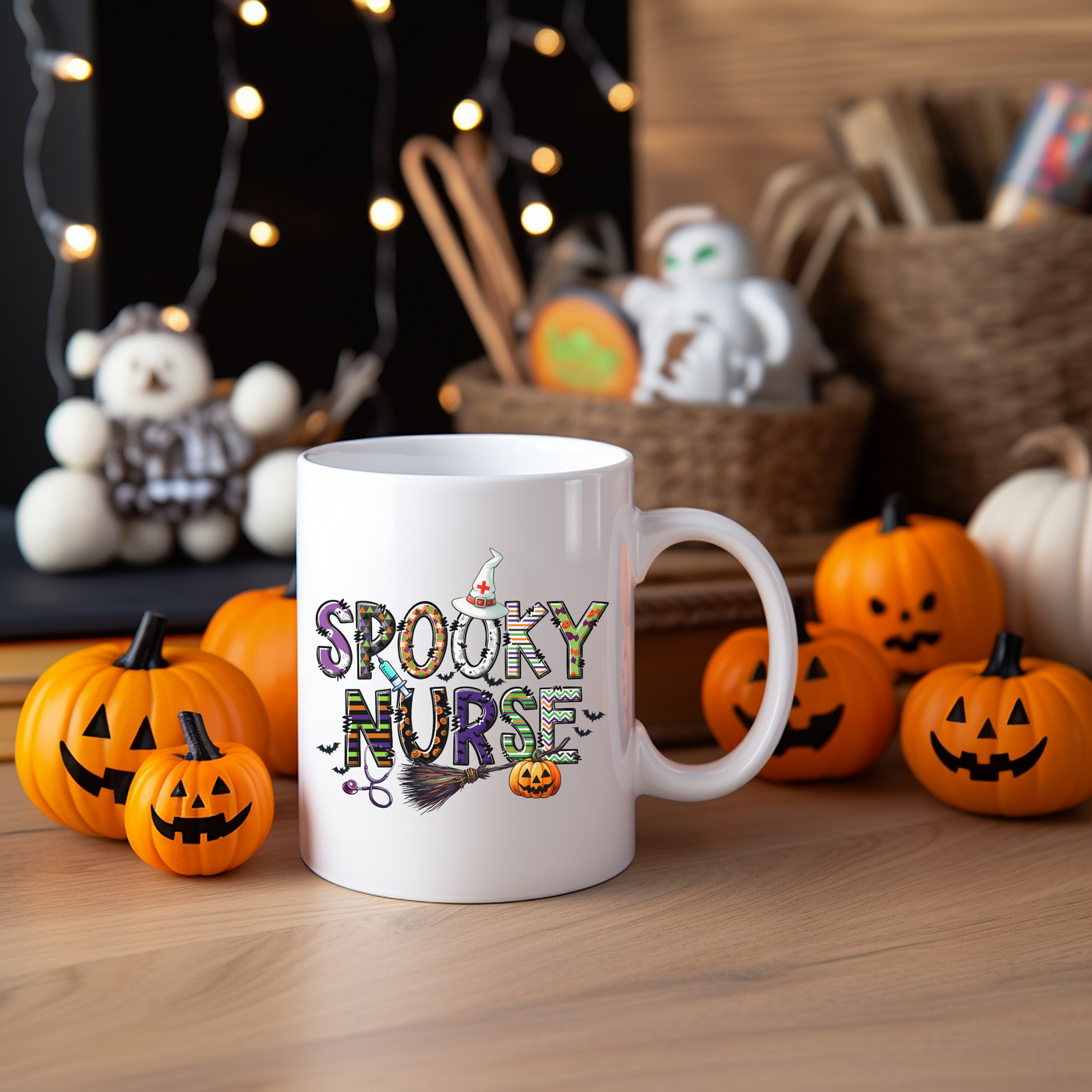 a white coffee mug with spooky nurse written on it