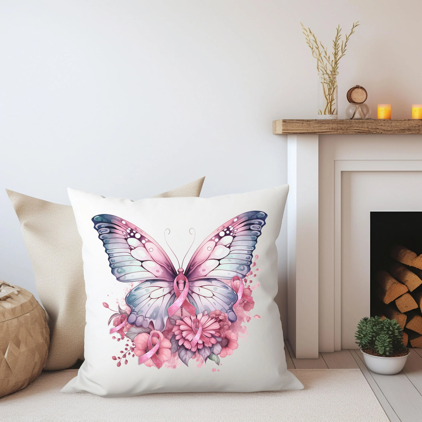 a white pillow with a pink butterfly on it