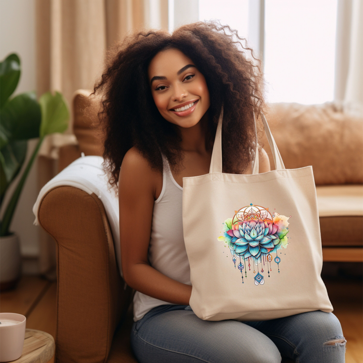 a woman sitting on a couch holding a tote bag