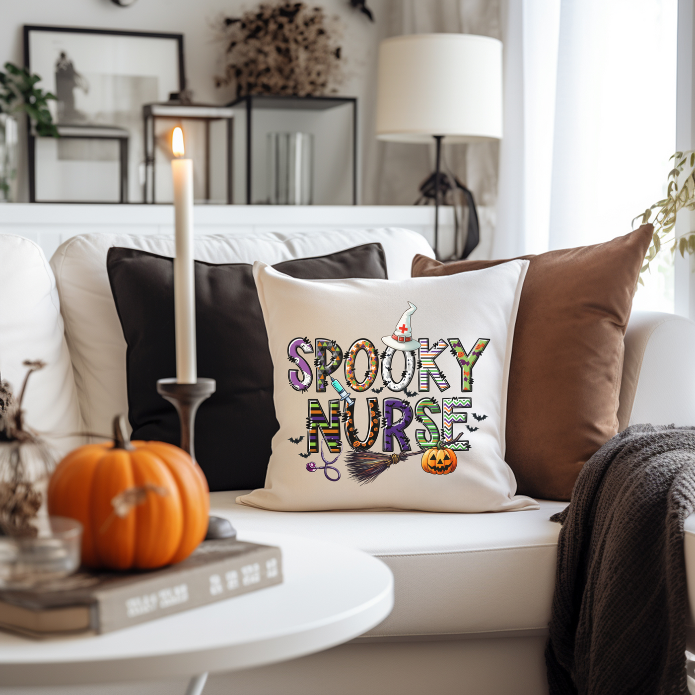 a living room with a white couch and a white coffee table