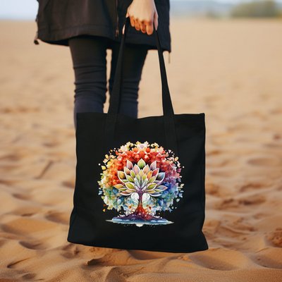 a woman carrying a black bag with a tree on it