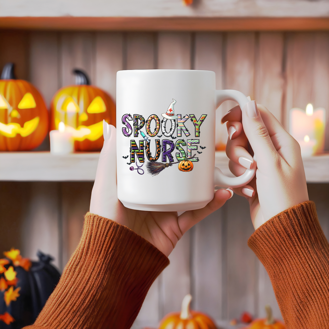 a woman holding a coffee mug with spooky nurse on it