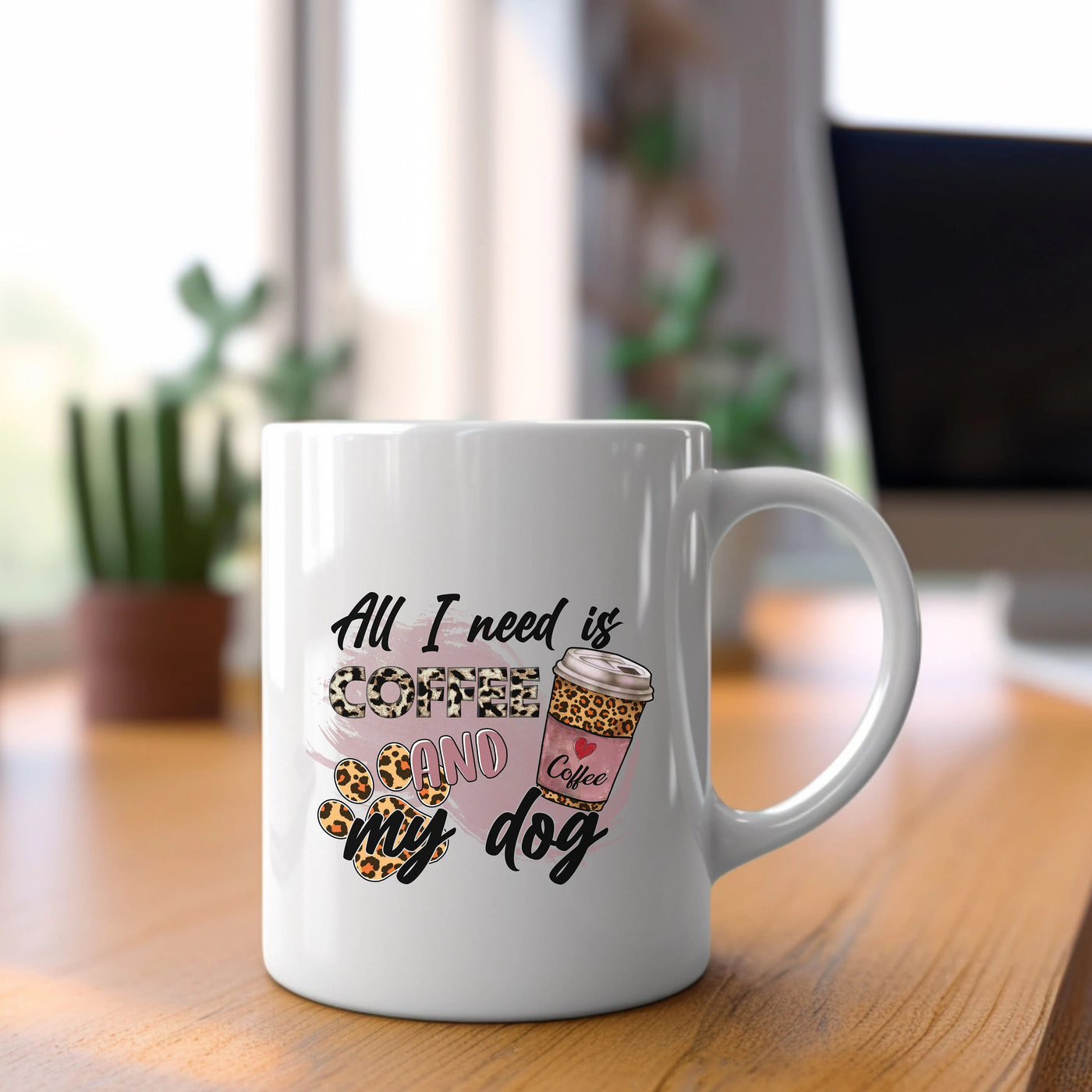 a white coffee mug sitting on top of a wooden table