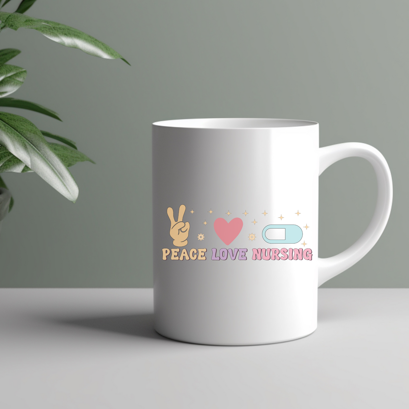 a white coffee mug with peace love nursing on it