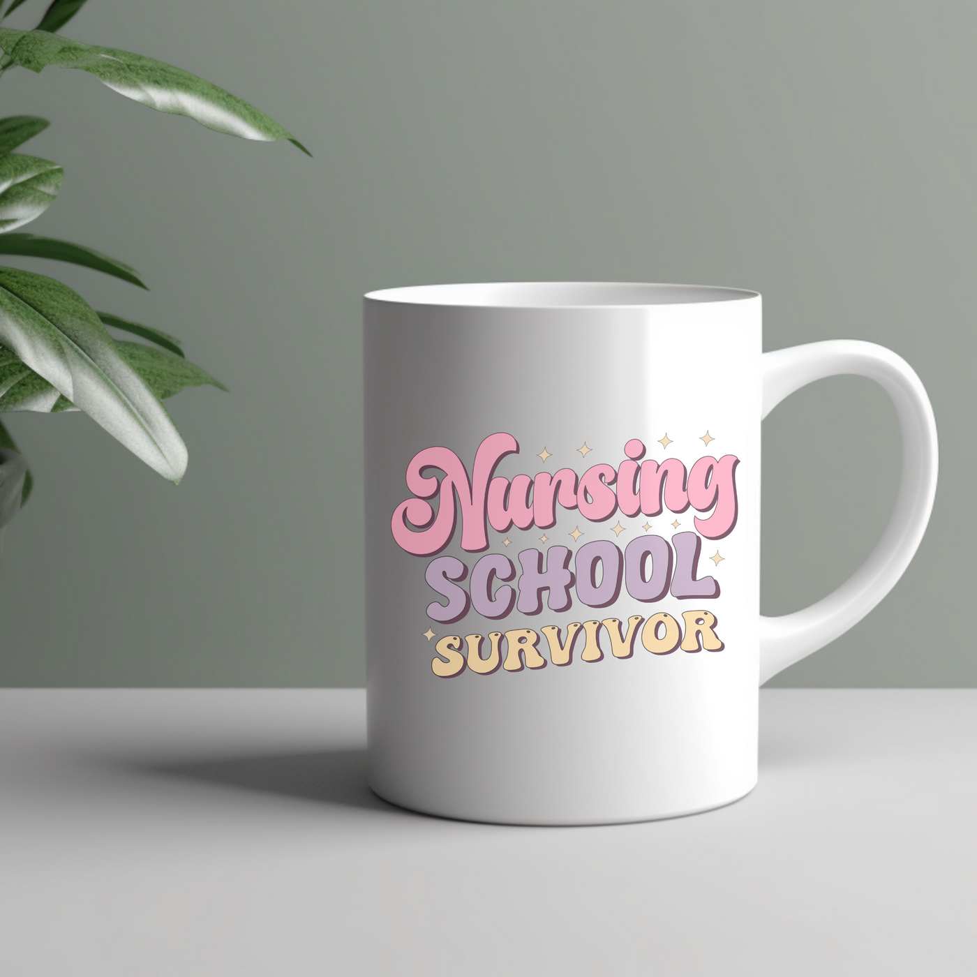 a white coffee mug with the words nursing school survivor on it