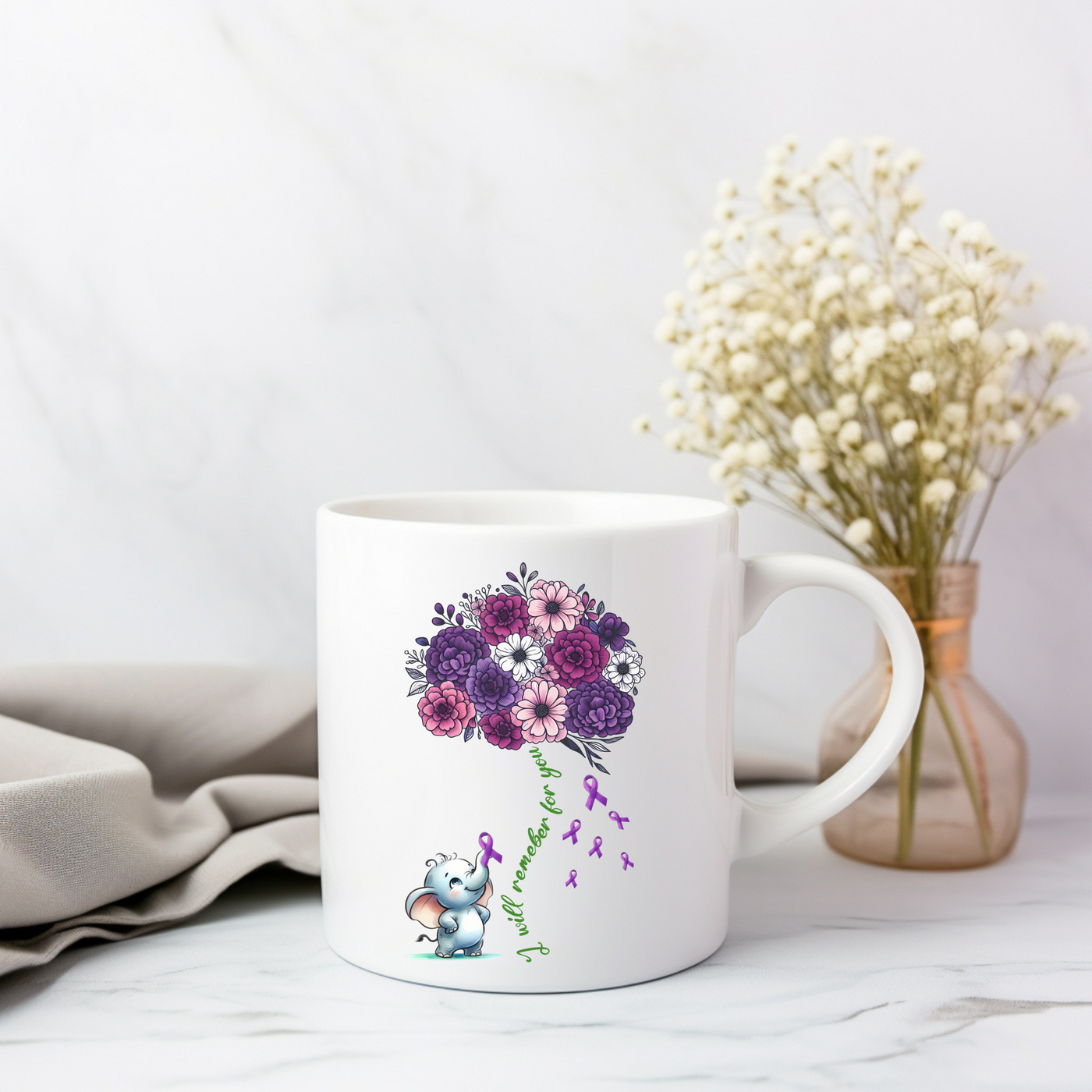 a coffee mug with a bouquet of flowers on it