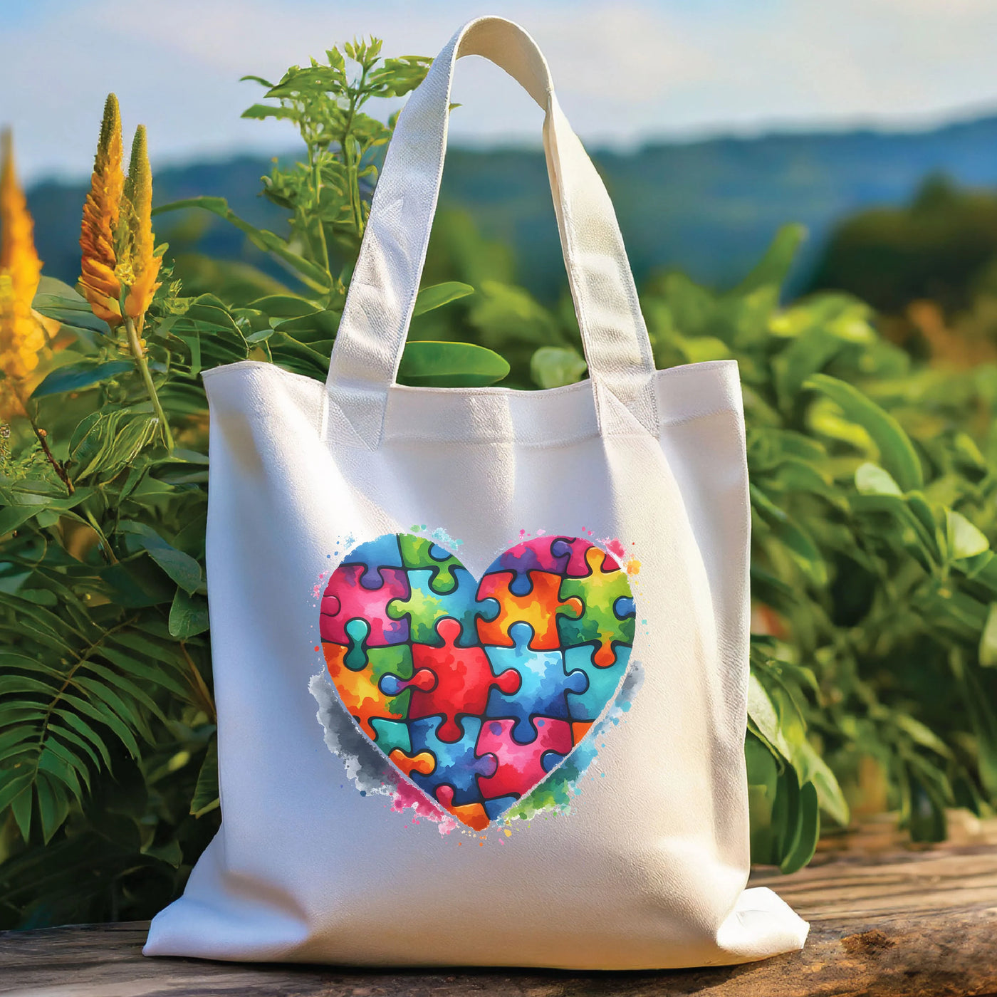 a white bag with a puzzle heart on it