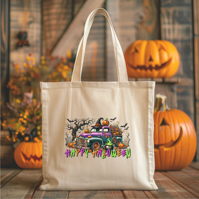 a canvas bag with a truck and pumpkins in the background