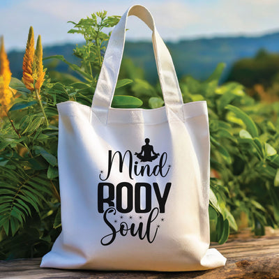 a white tote bag sitting on top of a wooden table