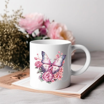 a white coffee mug with a pink butterfly on it