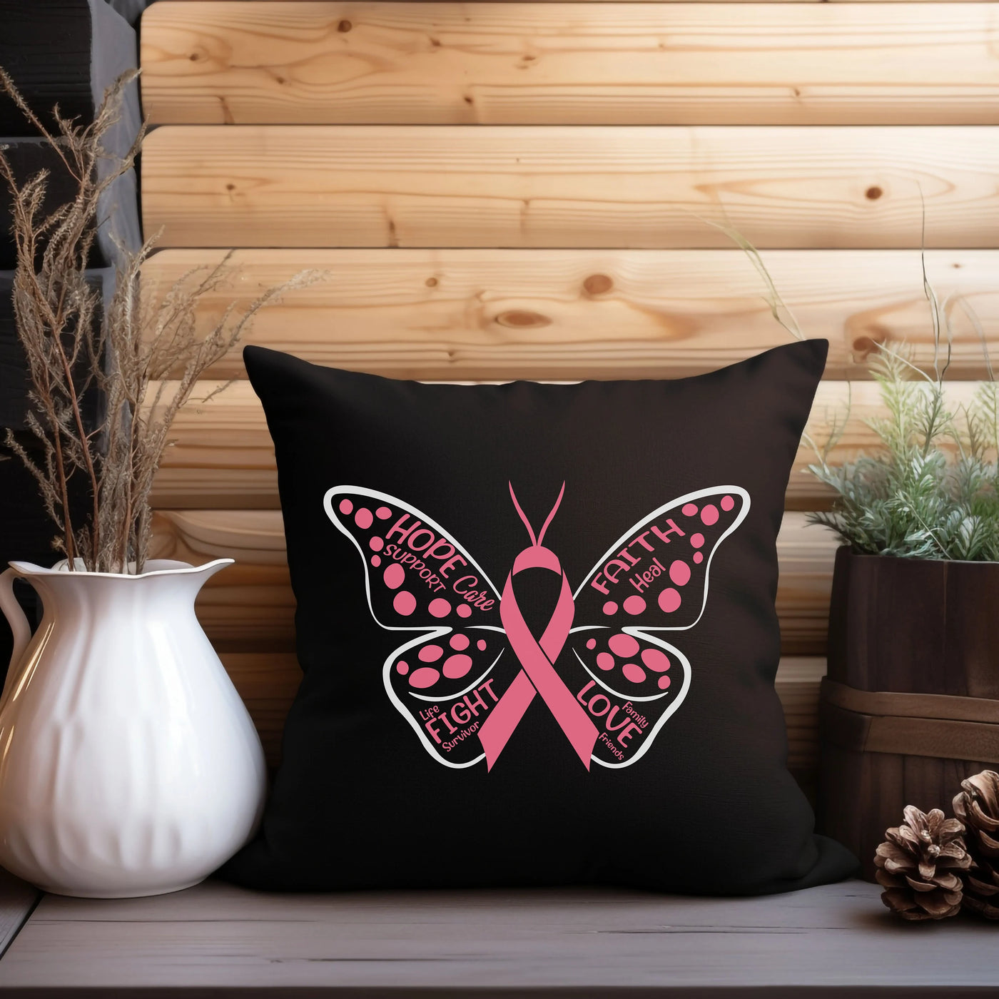 a black pillow with a pink butterfly on it