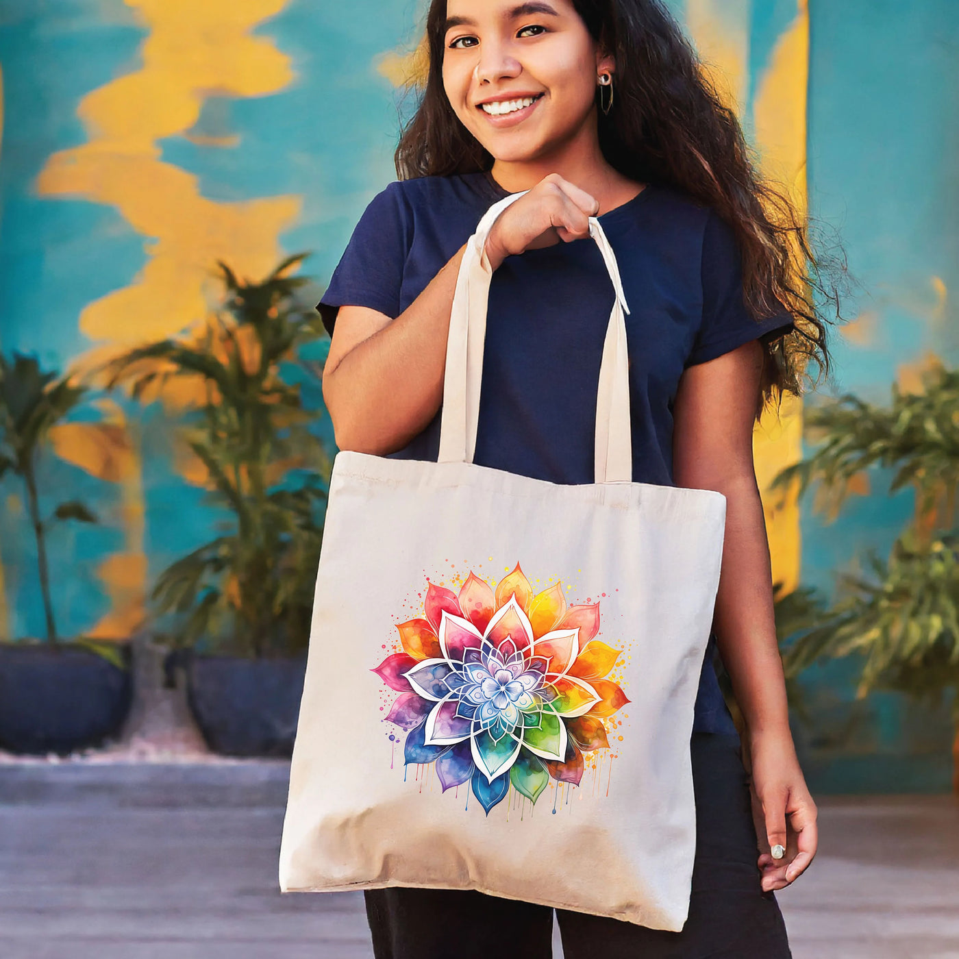 a woman holding a bag with a flower on it