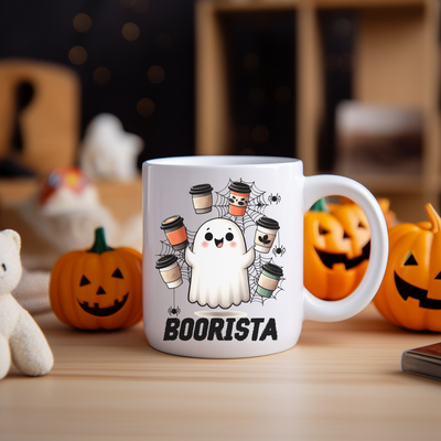 a white coffee mug with a ghost on it