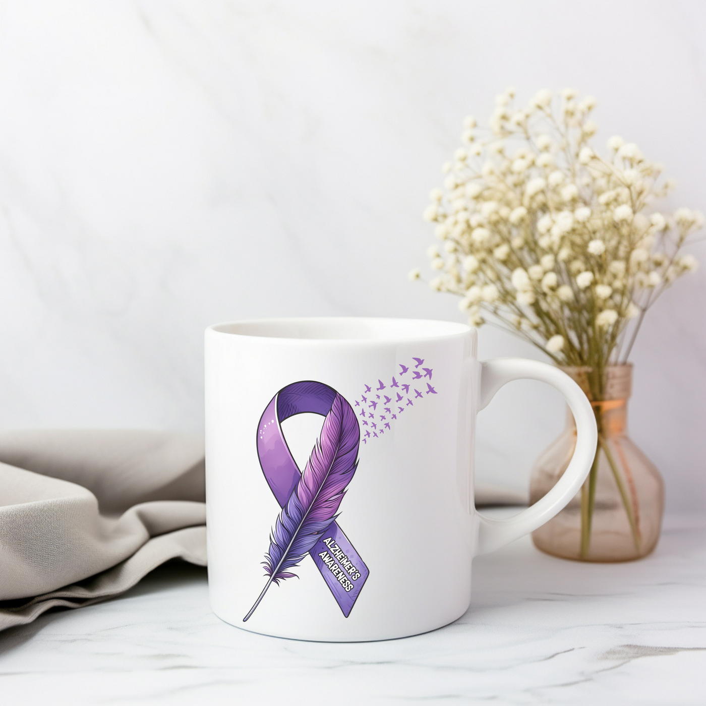 a coffee mug with a purple ribbon on it