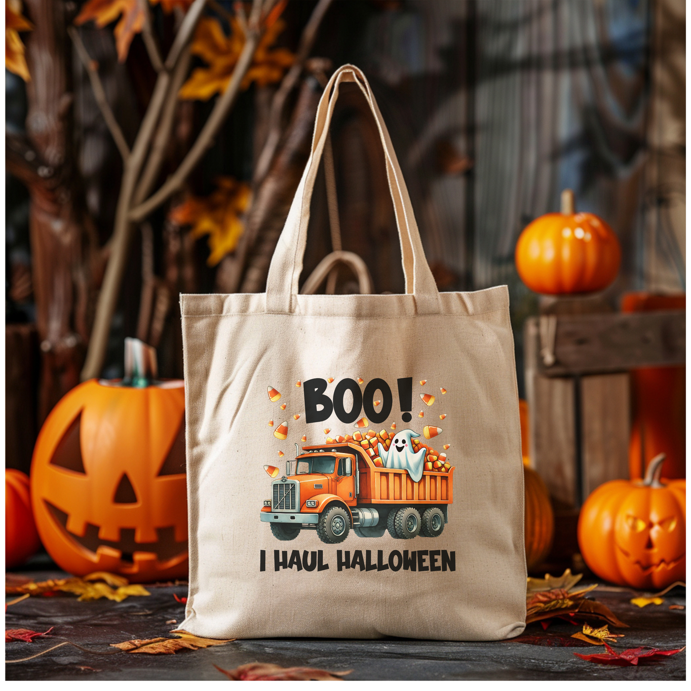 a trick or treat bag with a picture of a truck on it