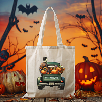 a white bag with a picture of a truck full of pumpkins