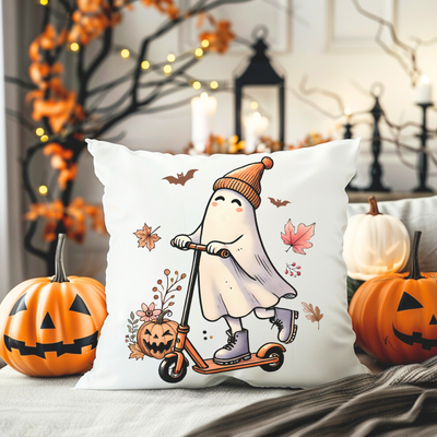 a pillow with a ghost riding a scooter