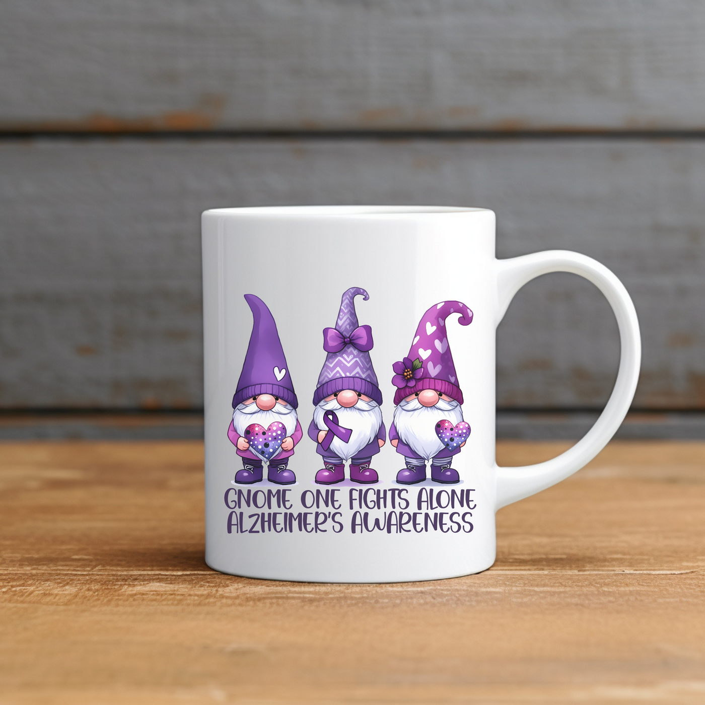 a white coffee mug with three gnomes on it