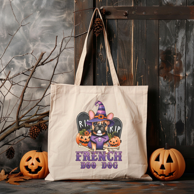 a tote bag with a french bulldog wearing a witch hat