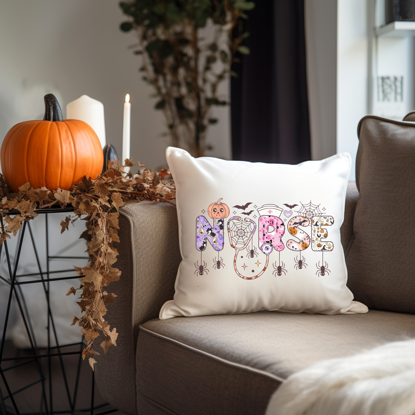 a couch with a pillow on it next to a pumpkin