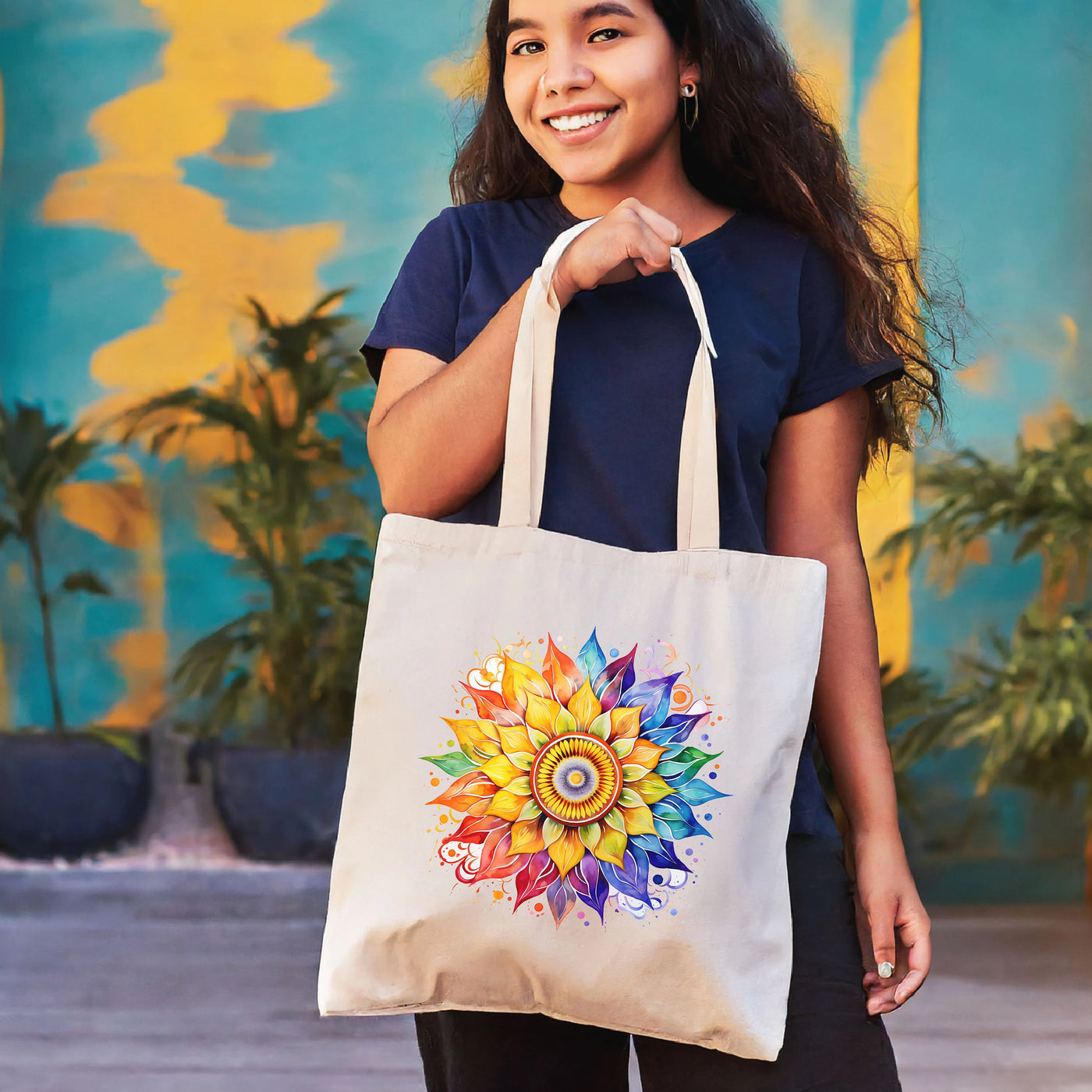 a woman holding a bag with a flower on it